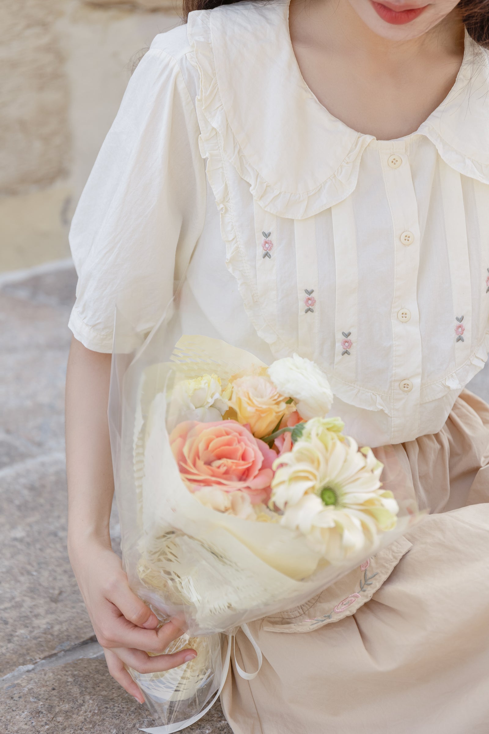 Charming Floral Embroidered Ruffle Collar Button-Down Blouse - Masion Chérie