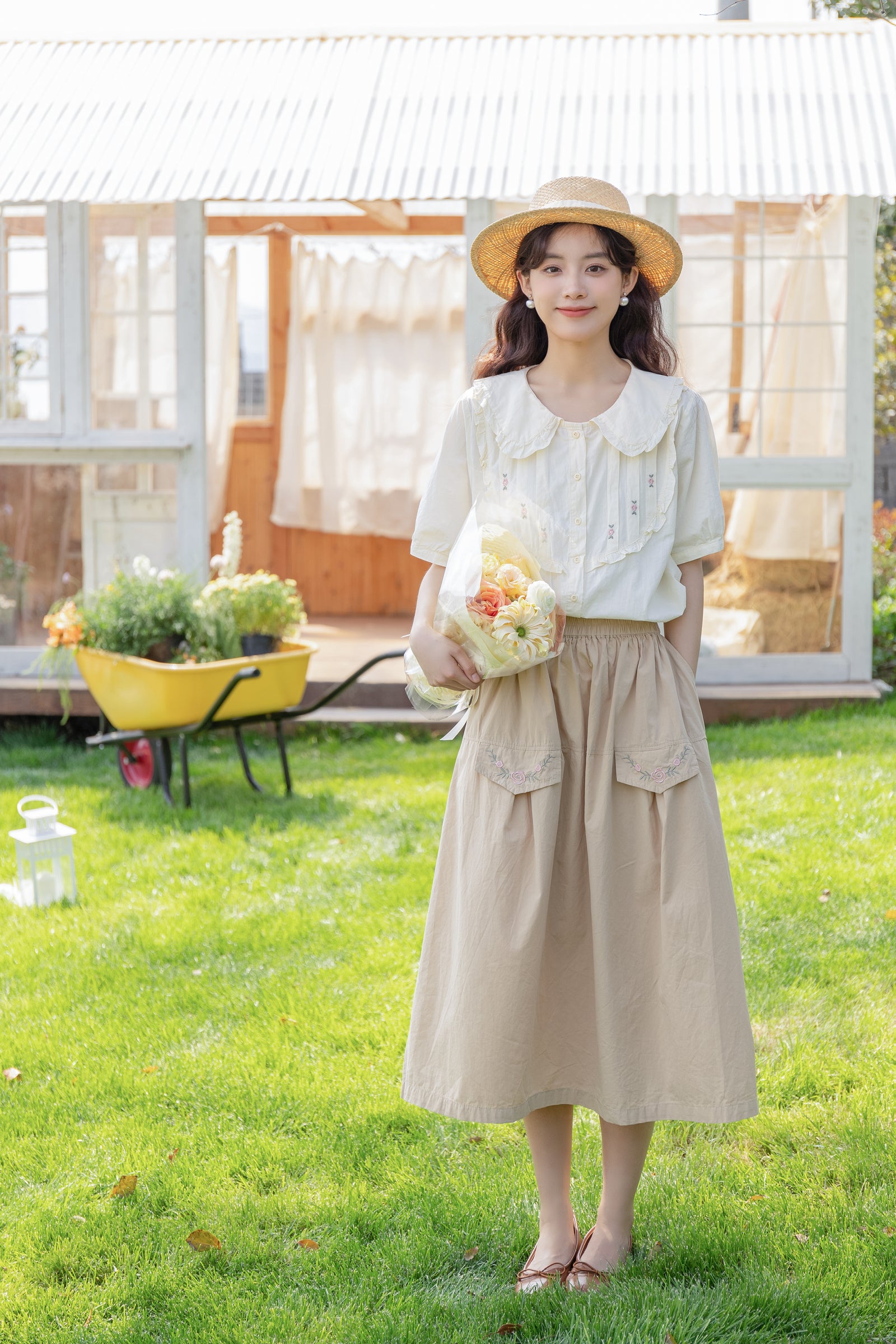 Charming Floral Embroidered Ruffle Collar Button-Down Blouse - Masion Chérie