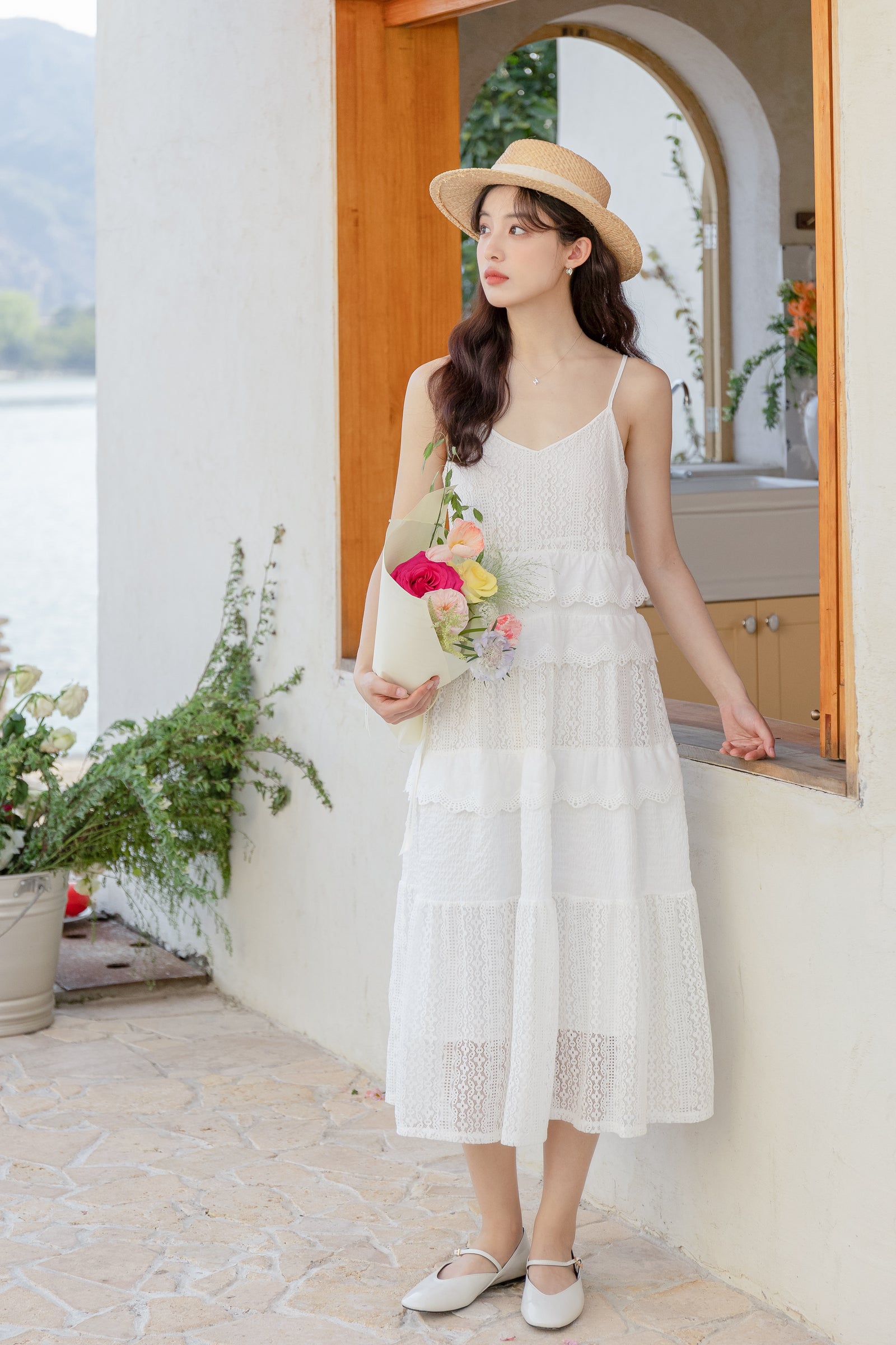 Charming White Lace Tiered Midi Dress - Masion Chérie