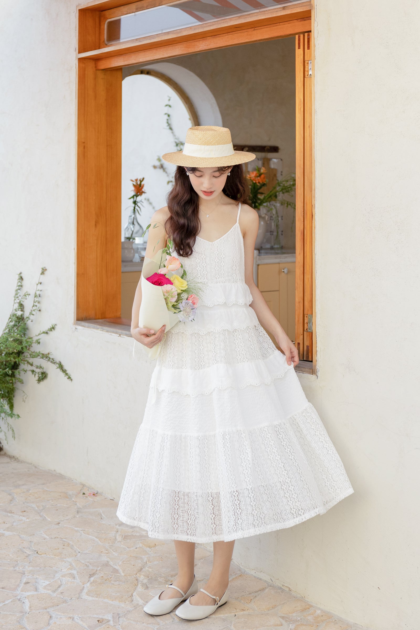 Charming White Lace Tiered Midi Dress - Masion Chérie