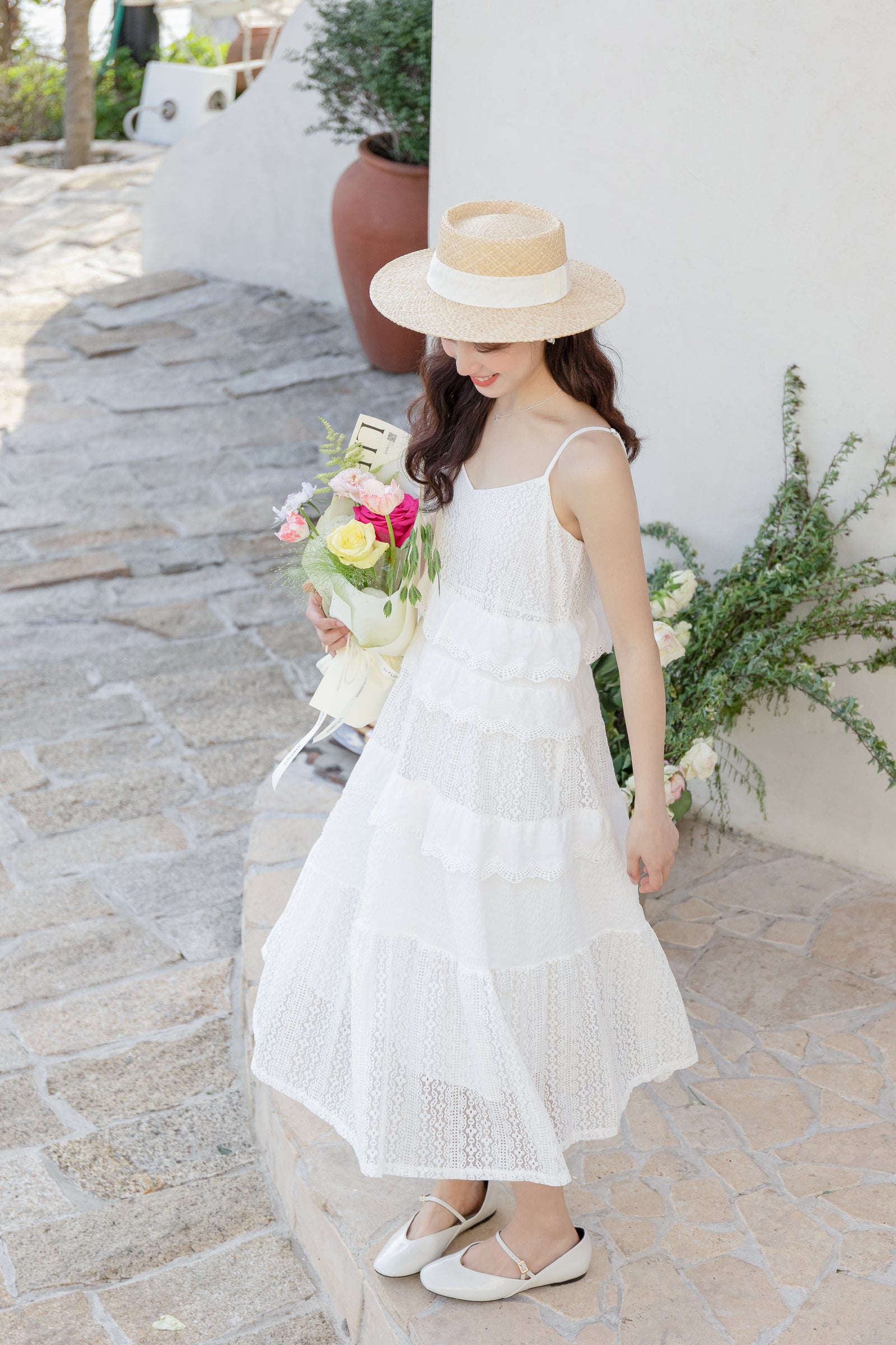 Charming White Lace Tiered Midi Dress - Masion Chérie