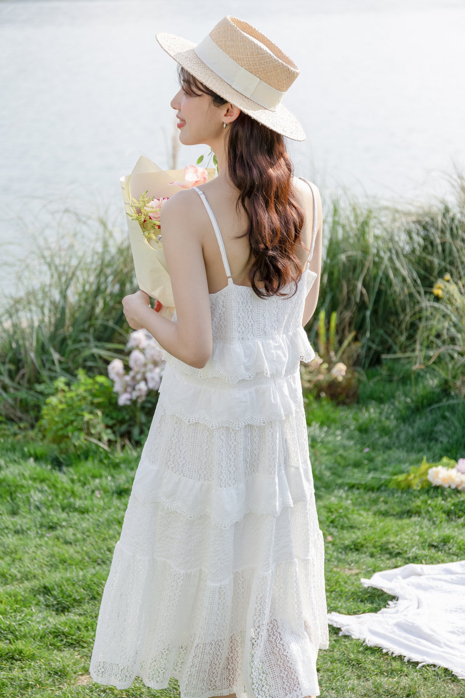 Charming White Lace Tiered Midi Dress - Masion Chérie