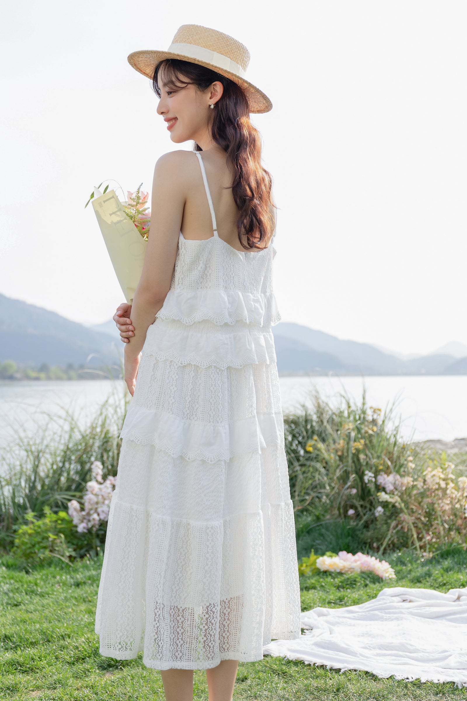 Charming White Lace Tiered Midi Dress - Masion Chérie