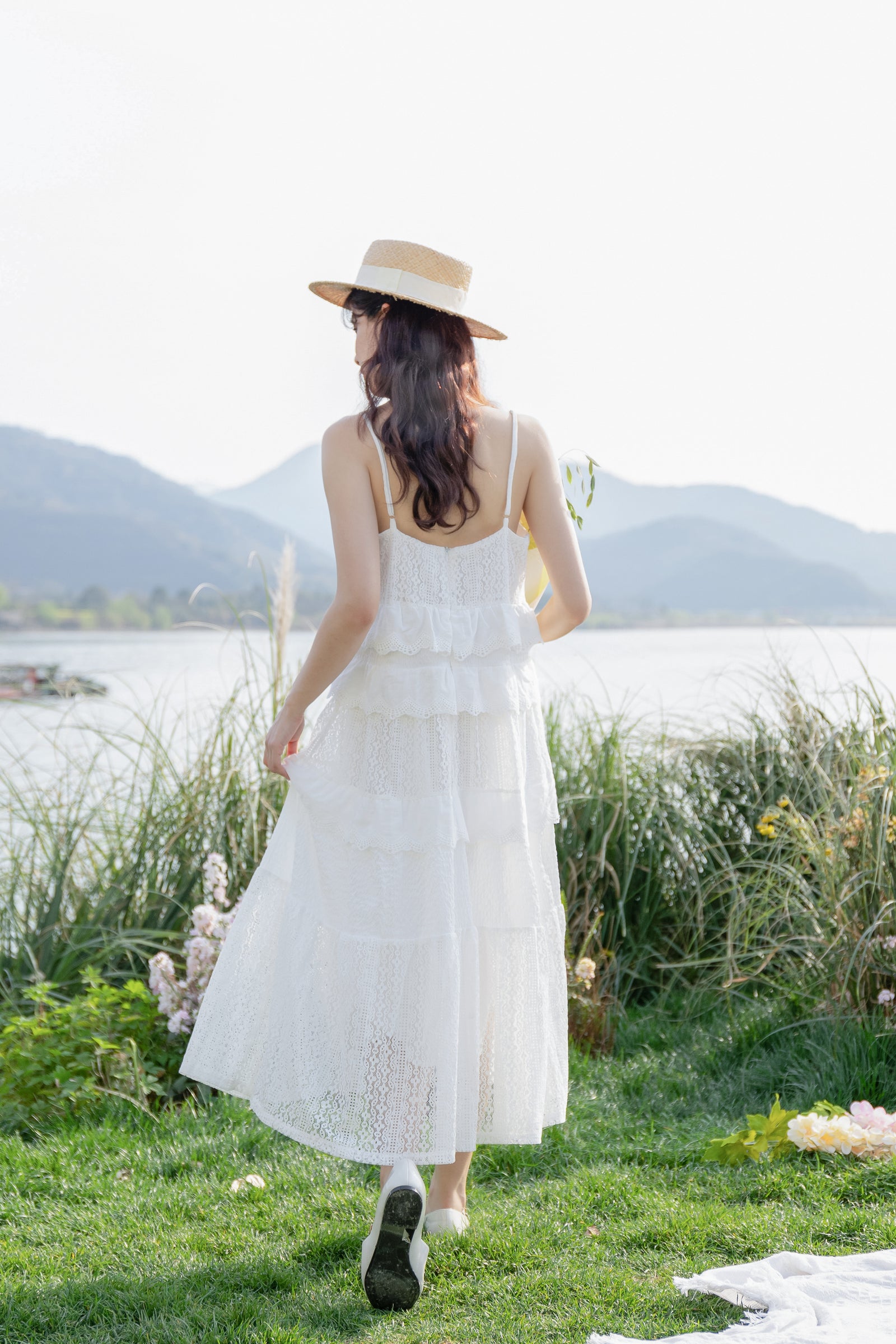 Charming White Lace Tiered Midi Dress - Masion Chérie