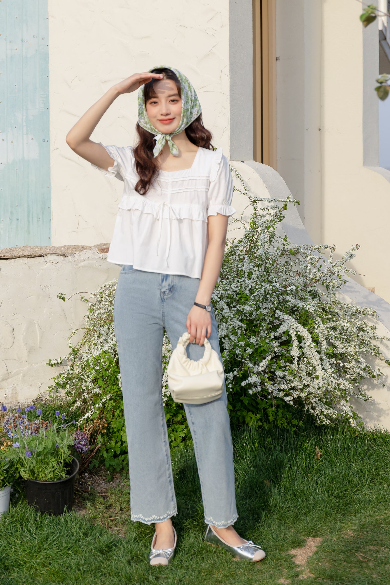 Light Blue High-Waisted Embroidered Hem Jeans - Masion Chérie