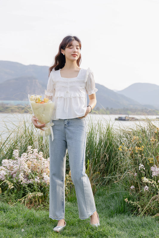 Light Blue High-Waisted Embroidered Hem Jeans - Masion Chérie