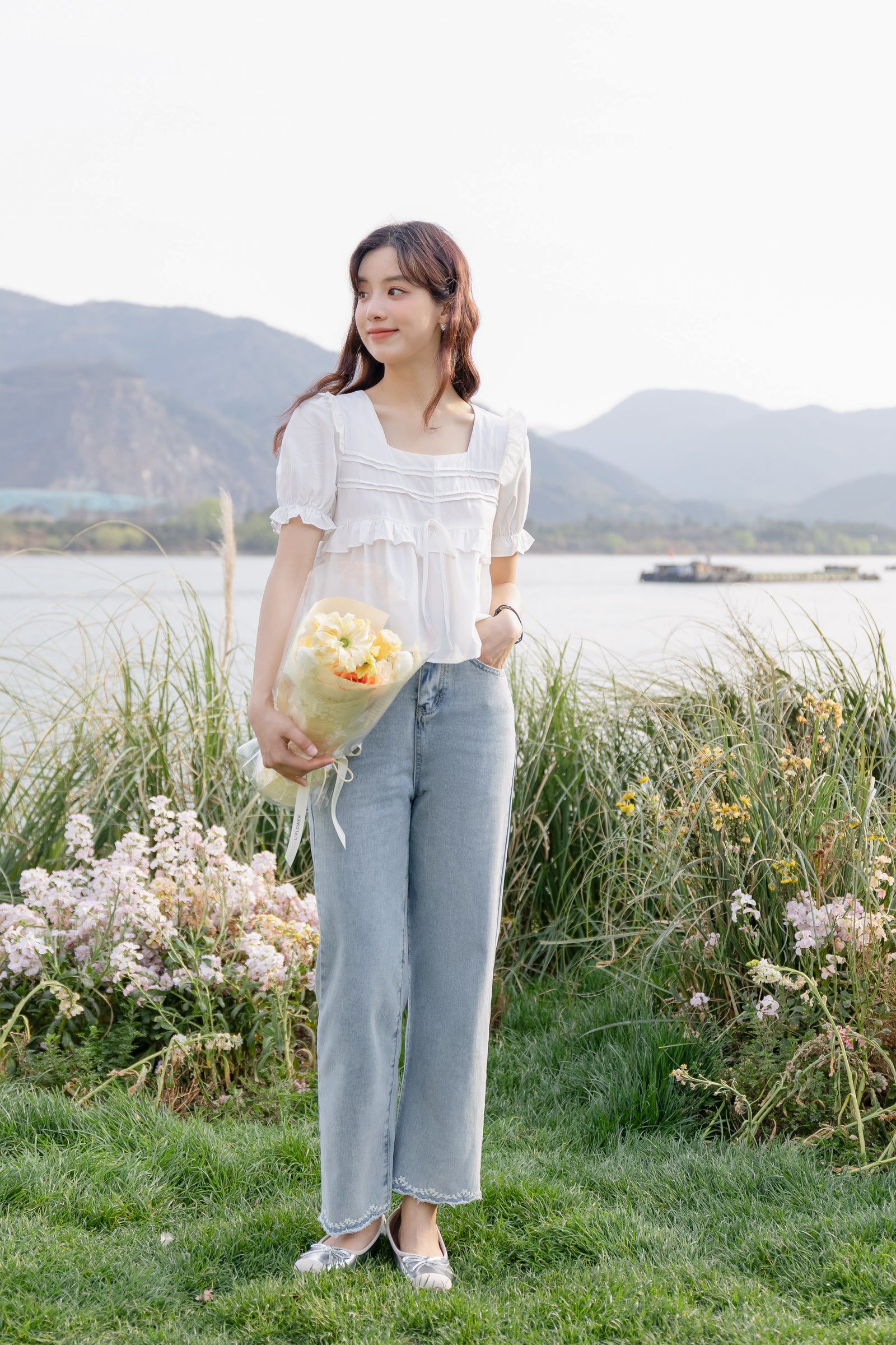 Light Blue High-Waisted Embroidered Hem Jeans - Masion Chérie