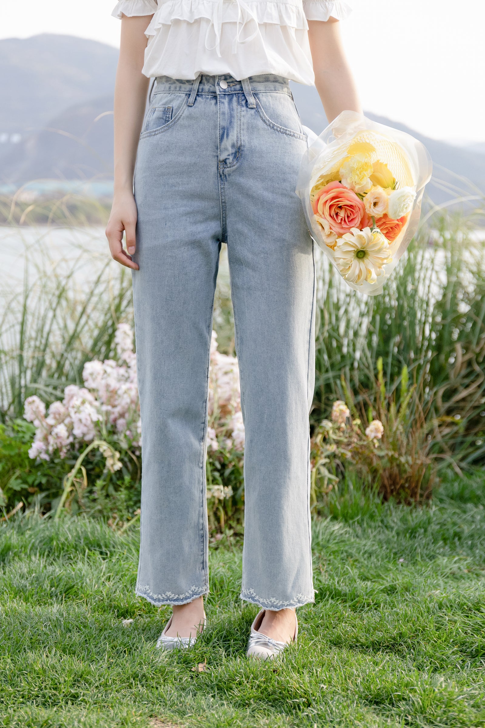 Light Blue High-Waisted Embroidered Hem Jeans - Masion Chérie