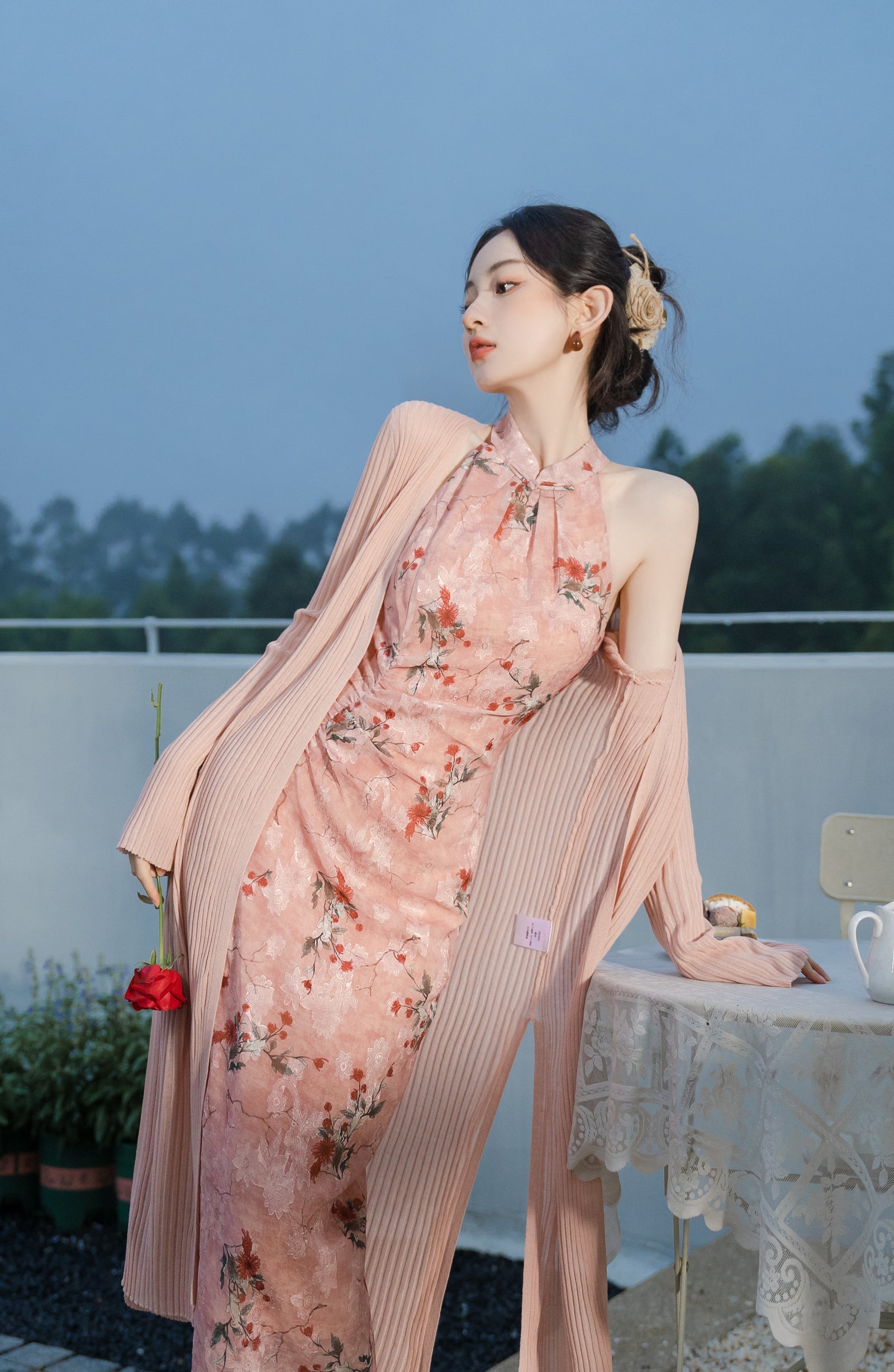 Graceful Floral Halter Neck Modified Cheongsam Dress - Masion Chérie