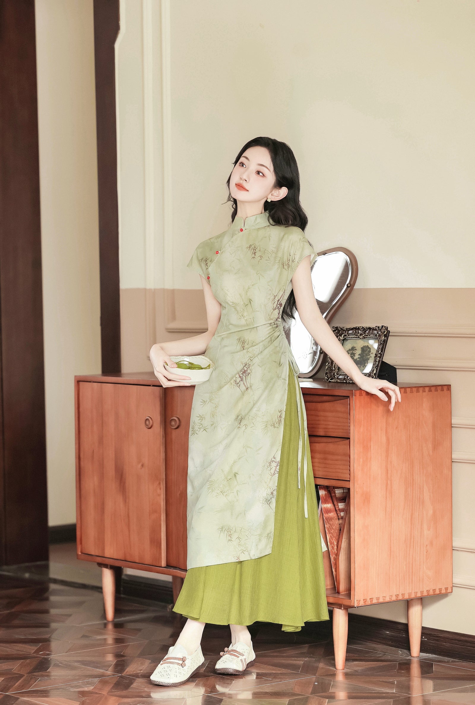 Vintage Green Bamboo Print Two-Piece Cheongsam Dress - Masion Chérie