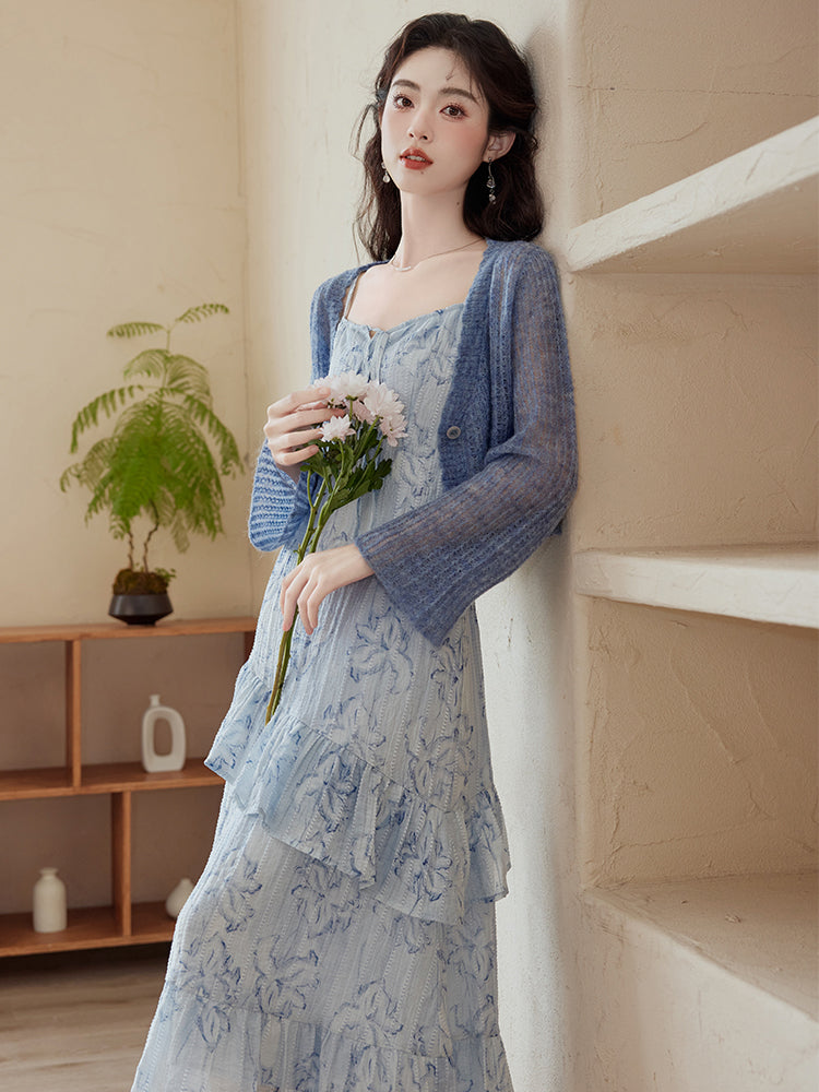 Elegant Blue Floral Lace Tiered Midi Dress with Mohair Knit Cardigan - Masion Chérie