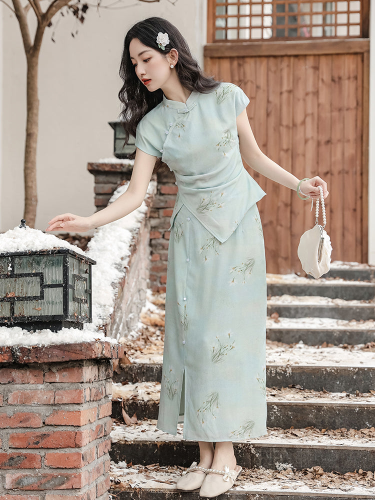 Elegant Mint Green Floral Print Cheongsam Set - Masion Chérie