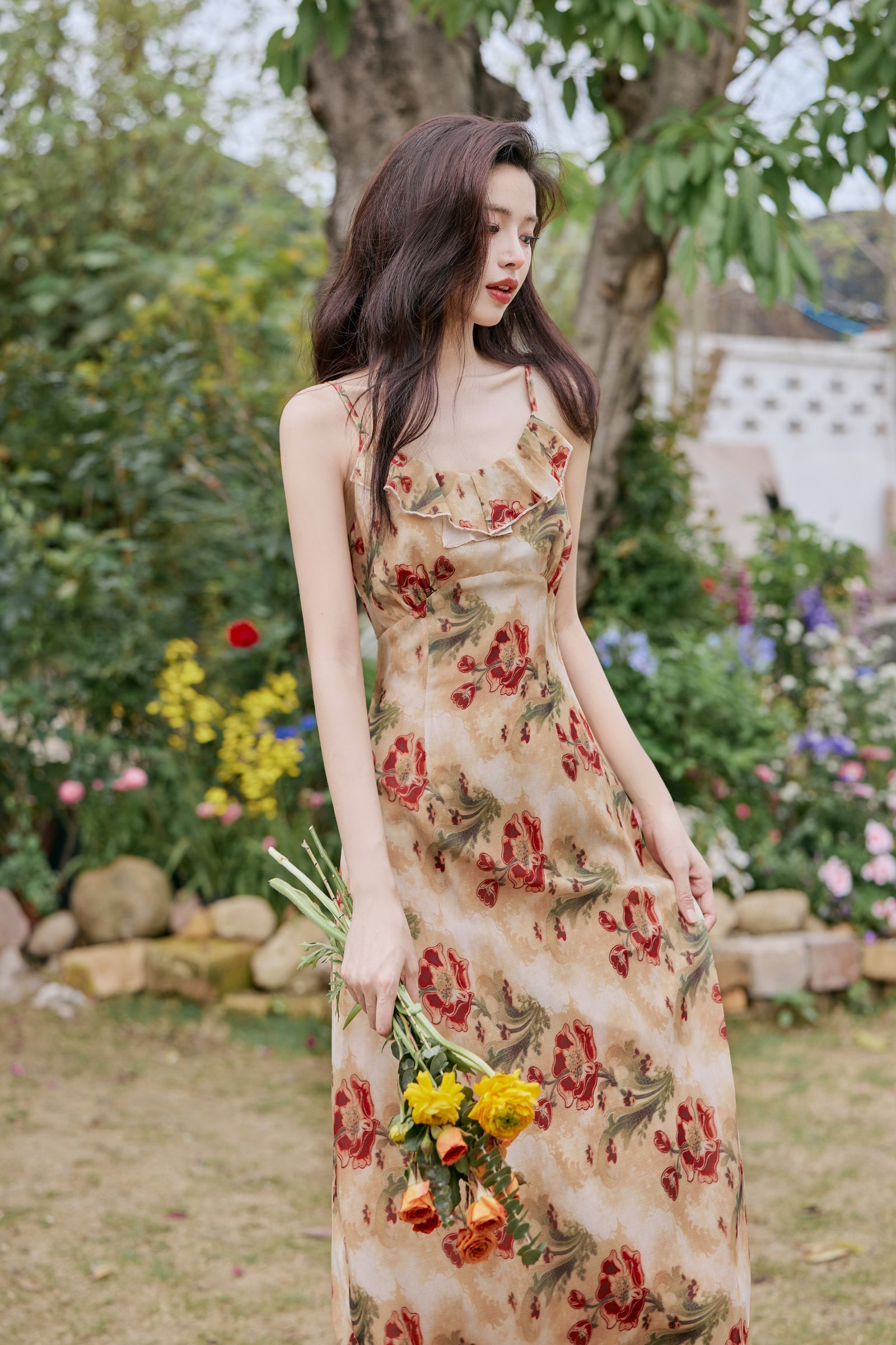 Ruffled Collar Floral Strap Maxi Dress - Masion Chérie