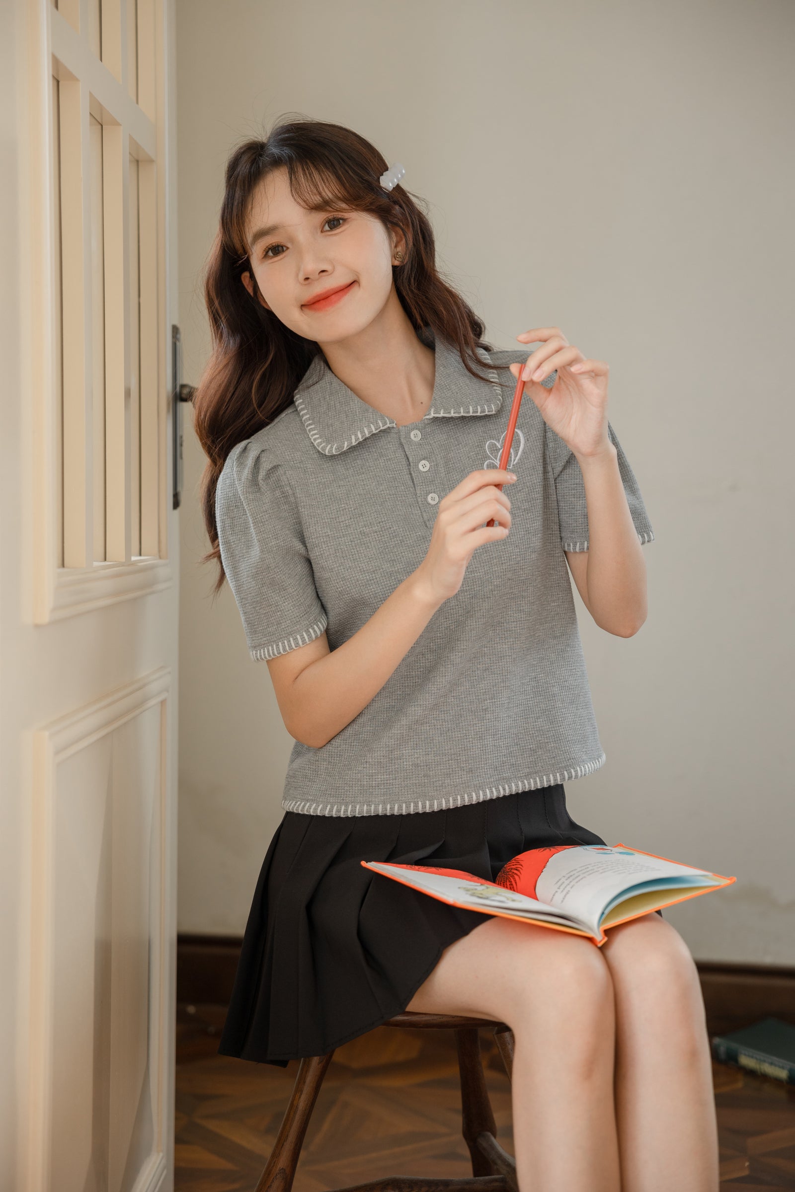 Chic Gray Knit Polo Collared Shirt - Masion Chérie