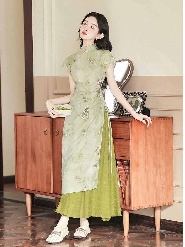 Vintage Green Bamboo Print Two-Piece Cheongsam Dress - Masion Chérie