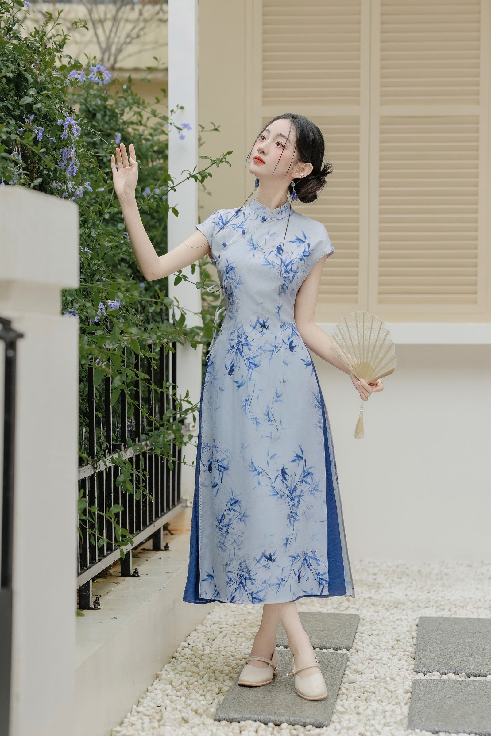 Elegant Blue Bamboo Print Modified Cheongsam Dress Set - Masion Chérie