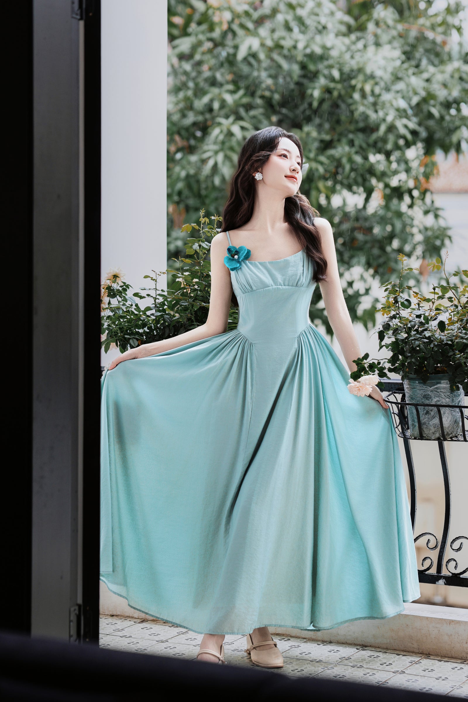 Elegant Aqua French Chic Maxi Dress with Floral Accent - Masion Chérie