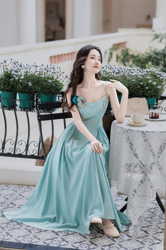 Elegant Aqua French Chic Maxi Dress with Floral Accent - Masion Chérie