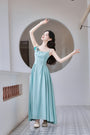 Elegant Aqua French Chic Maxi Dress with Floral Accent - Masion Chérie