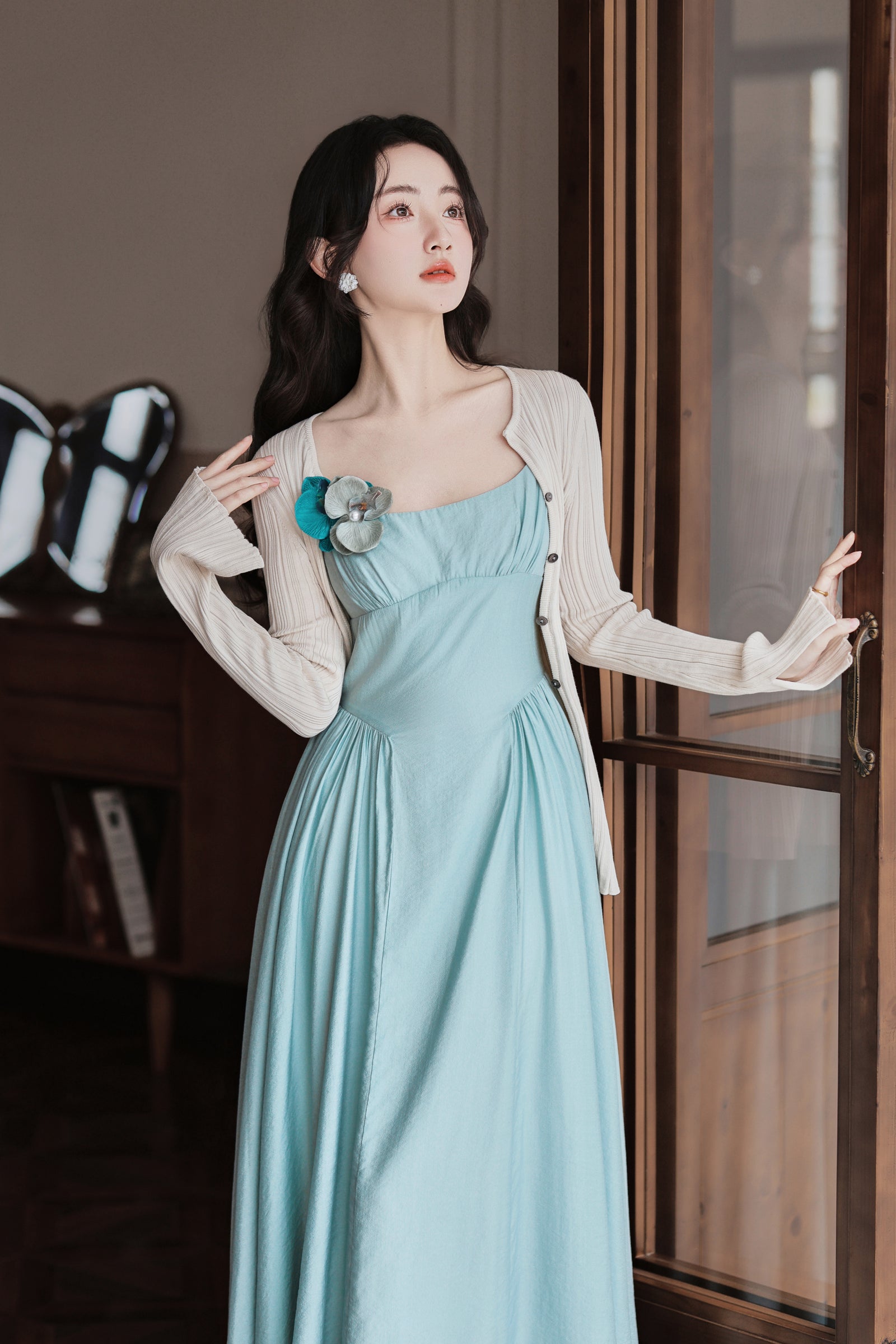 Elegant Aqua French Chic Maxi Dress with Floral Accent - Masion Chérie