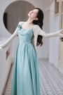 Elegant Aqua French Chic Maxi Dress with Floral Accent - Masion Chérie