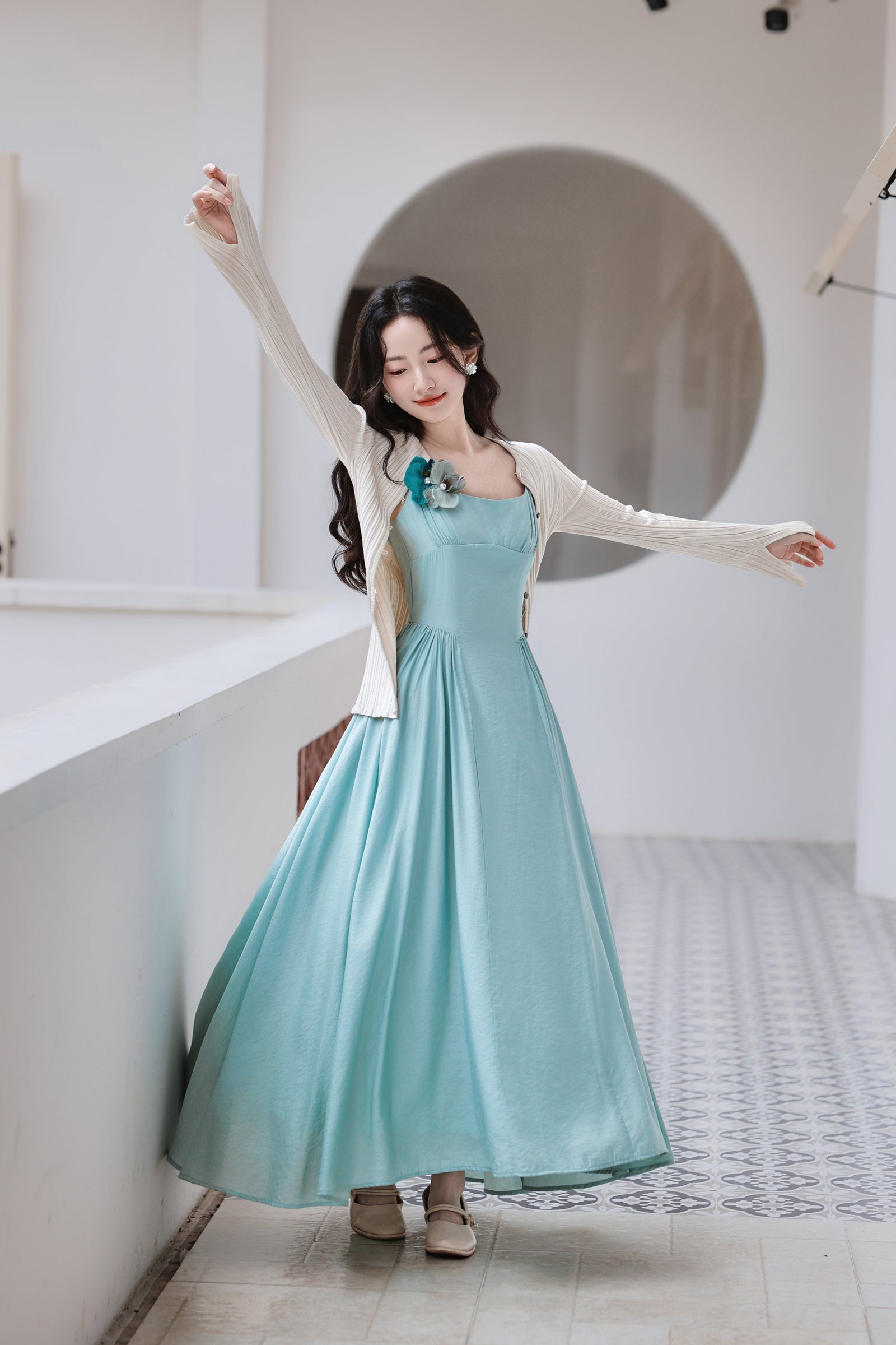 Elegant Aqua French Chic Maxi Dress with Floral Accent - Masion Chérie