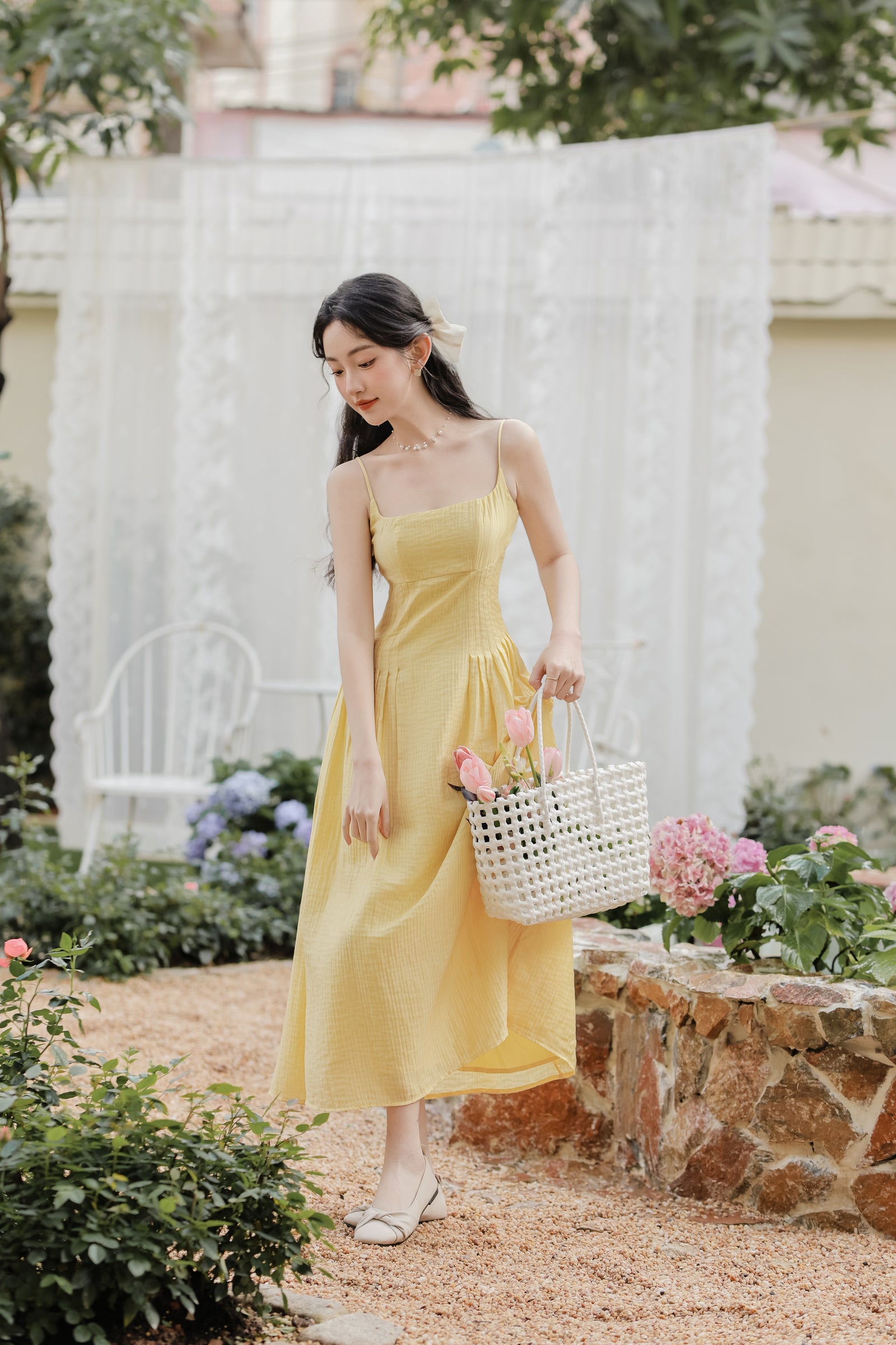 Sunny Yellow Spaghetti Strap Midi Dress - Masion Chérie 