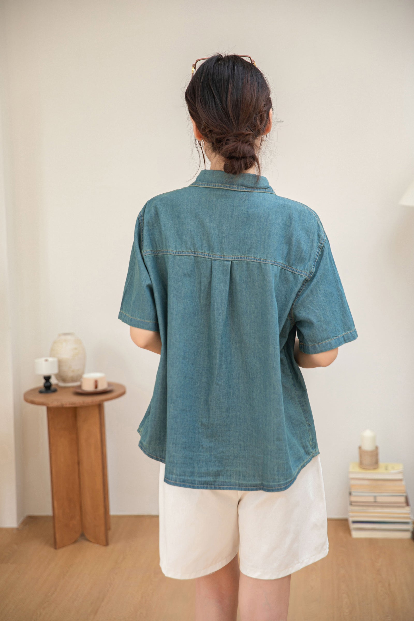 Casual Denim Button-Down Short Sleeve Shirt - Masion Chérie