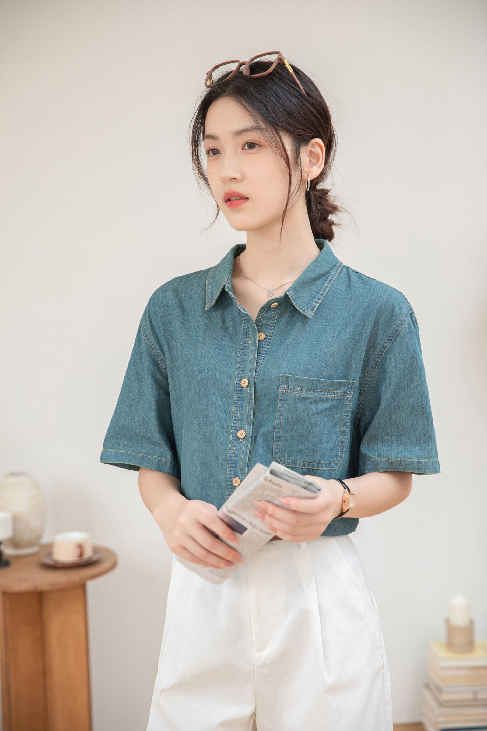 Casual Denim Button-Down Short Sleeve Shirt - Masion Chérie