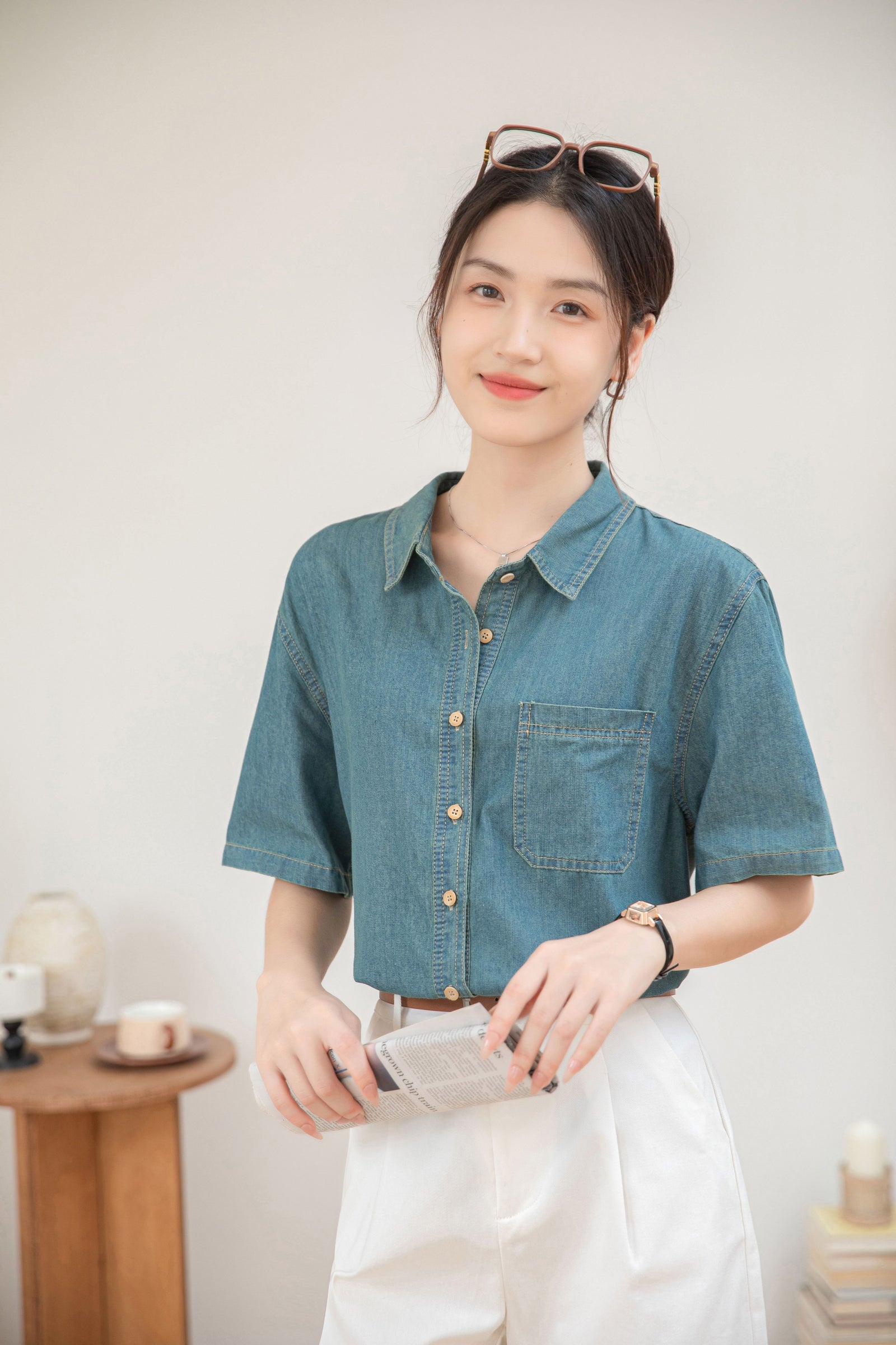 Casual Denim Button-Down Short Sleeve Shirt - Masion Chérie