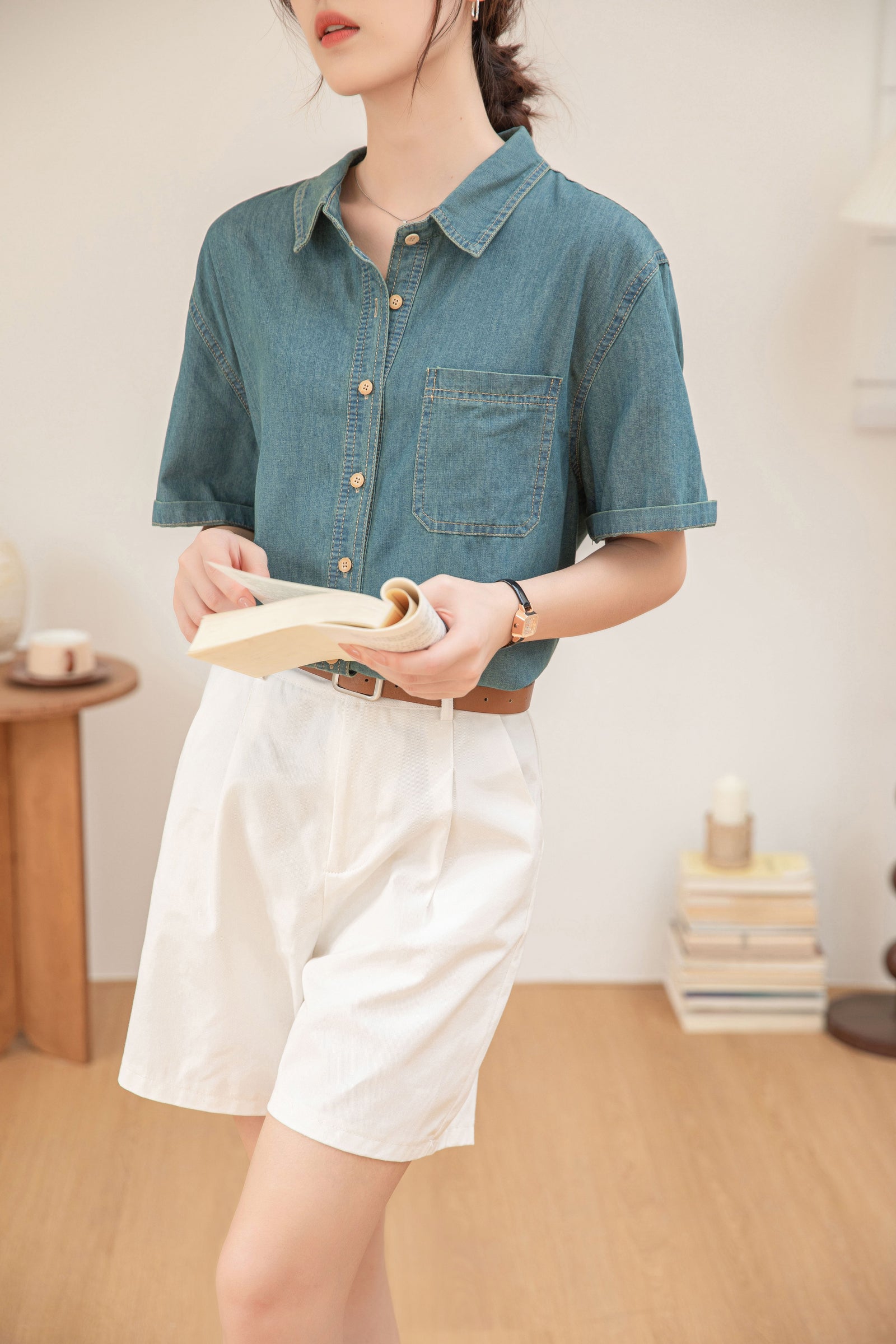 Casual Denim Button-Down Short Sleeve Shirt - Masion Chérie