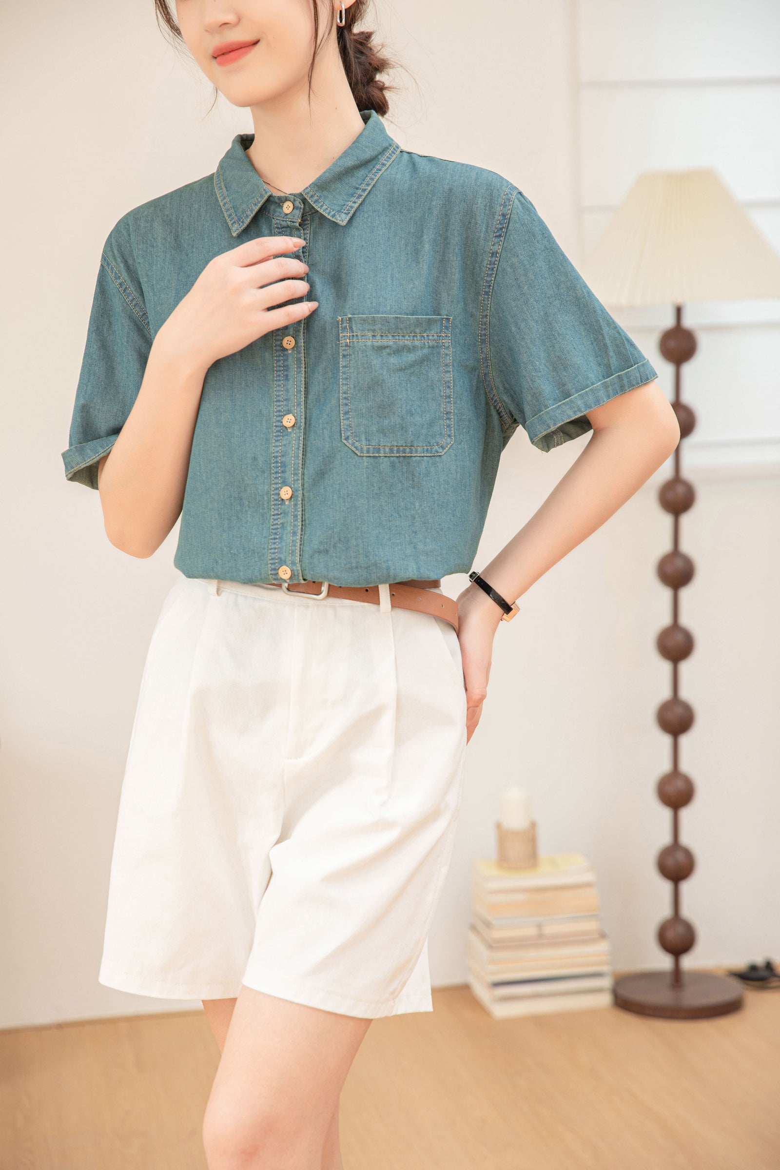 Casual Denim Button-Down Short Sleeve Shirt - Masion Chérie