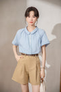 Elegant Blue Peter Pan Collar Button-Up Blouse - Masion Chérie