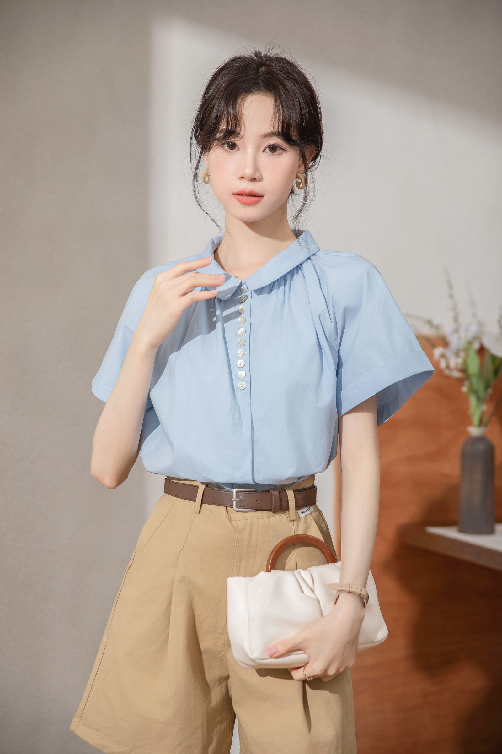 Elegant Blue Peter Pan Collar Button-Up Blouse - Masion Chérie