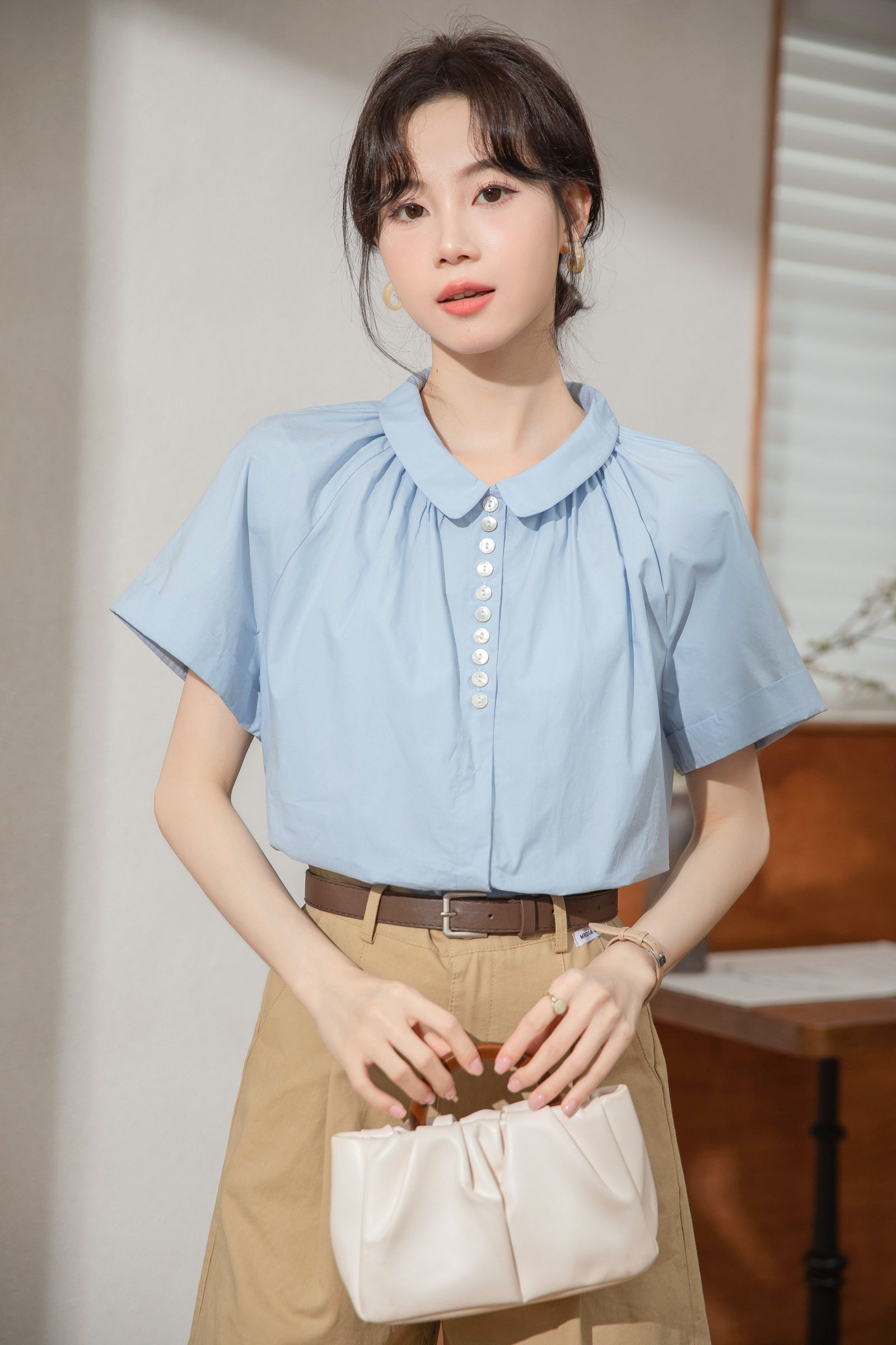 Elegant Blue Peter Pan Collar Button-Up Blouse - Masion Chérie