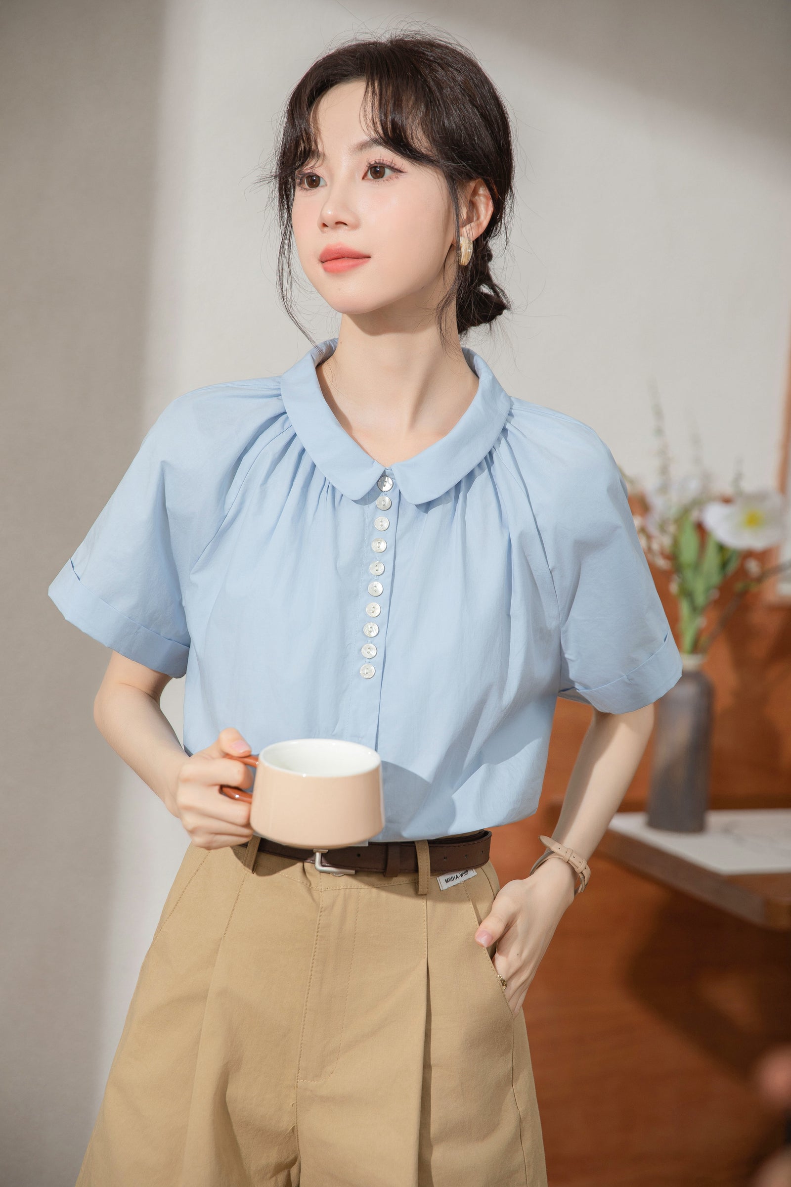 Elegant Blue Peter Pan Collar Button-Up Blouse - Masion Chérie