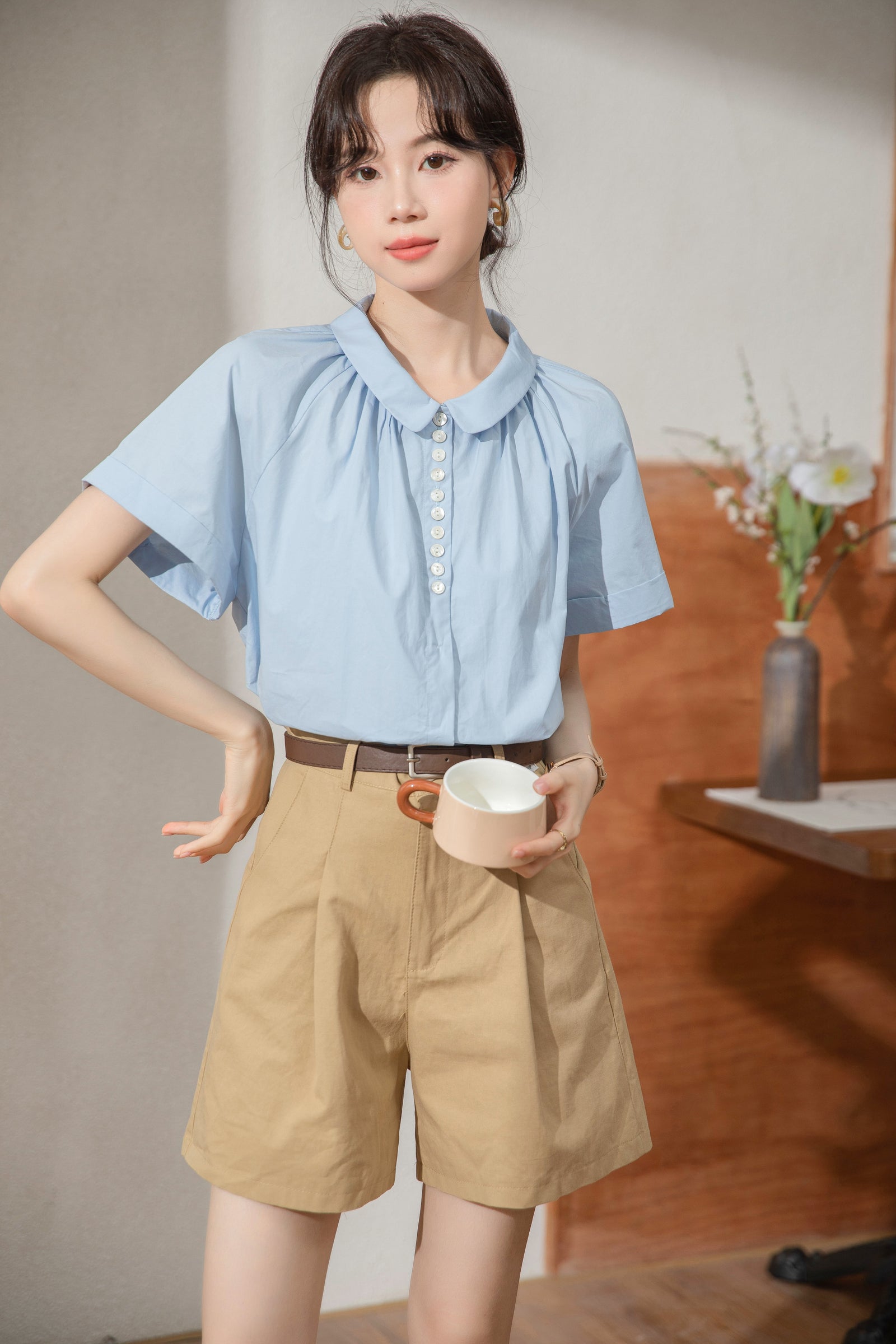 Elegant Blue Peter Pan Collar Button-Up Blouse - Masion Chérie