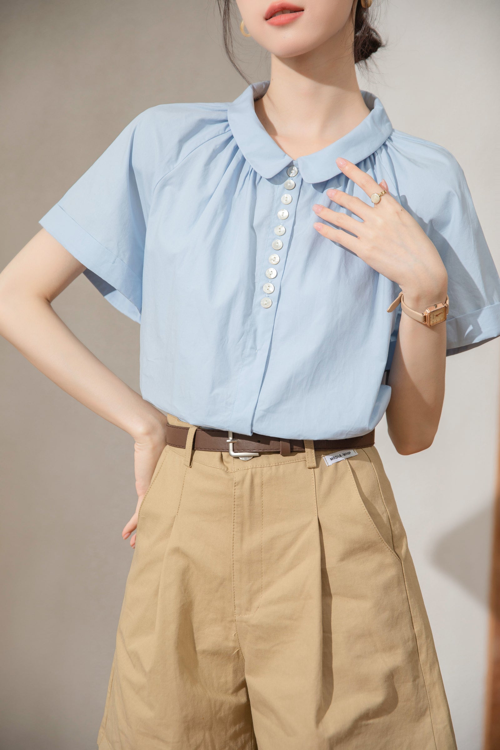 Elegant Blue Peter Pan Collar Button-Up Blouse - Masion Chérie