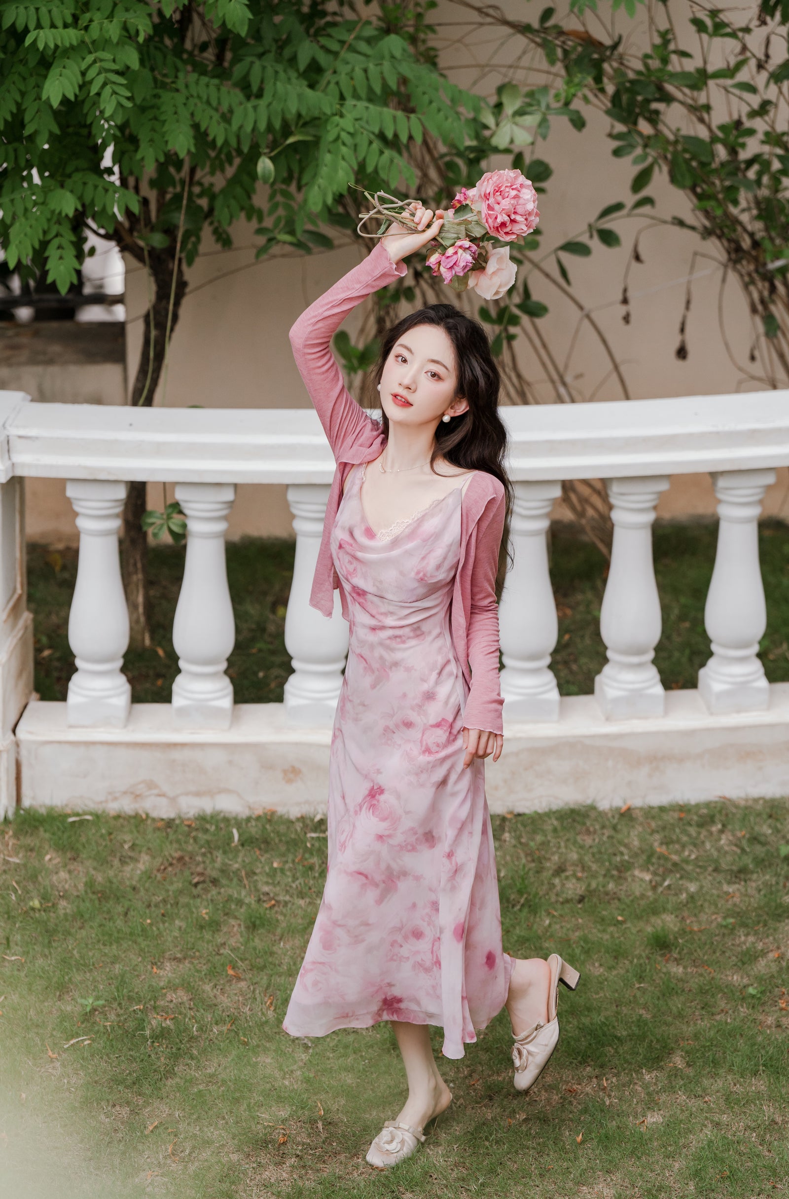 Elegant Pink Floral Mesh Maxi Dress - Masion Chérie