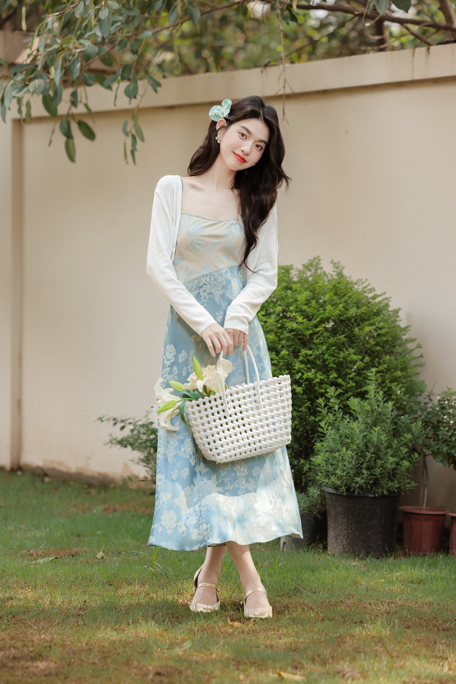 Pastel Blue Floral Satin Midi Dress