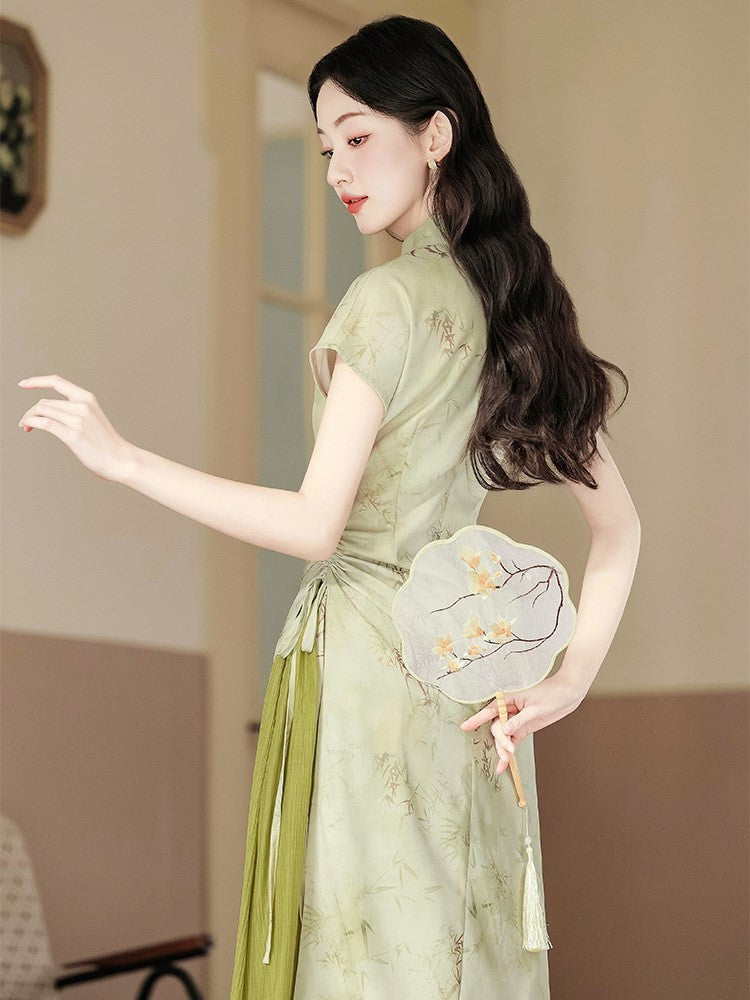 Vintage Green Bamboo Print Two-Piece Cheongsam Dress - Masion Chérie