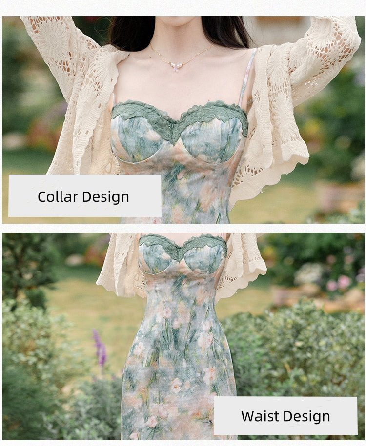 Elegant Floral Corset Midi Dress with Lace Cardigan - Masion Chérie