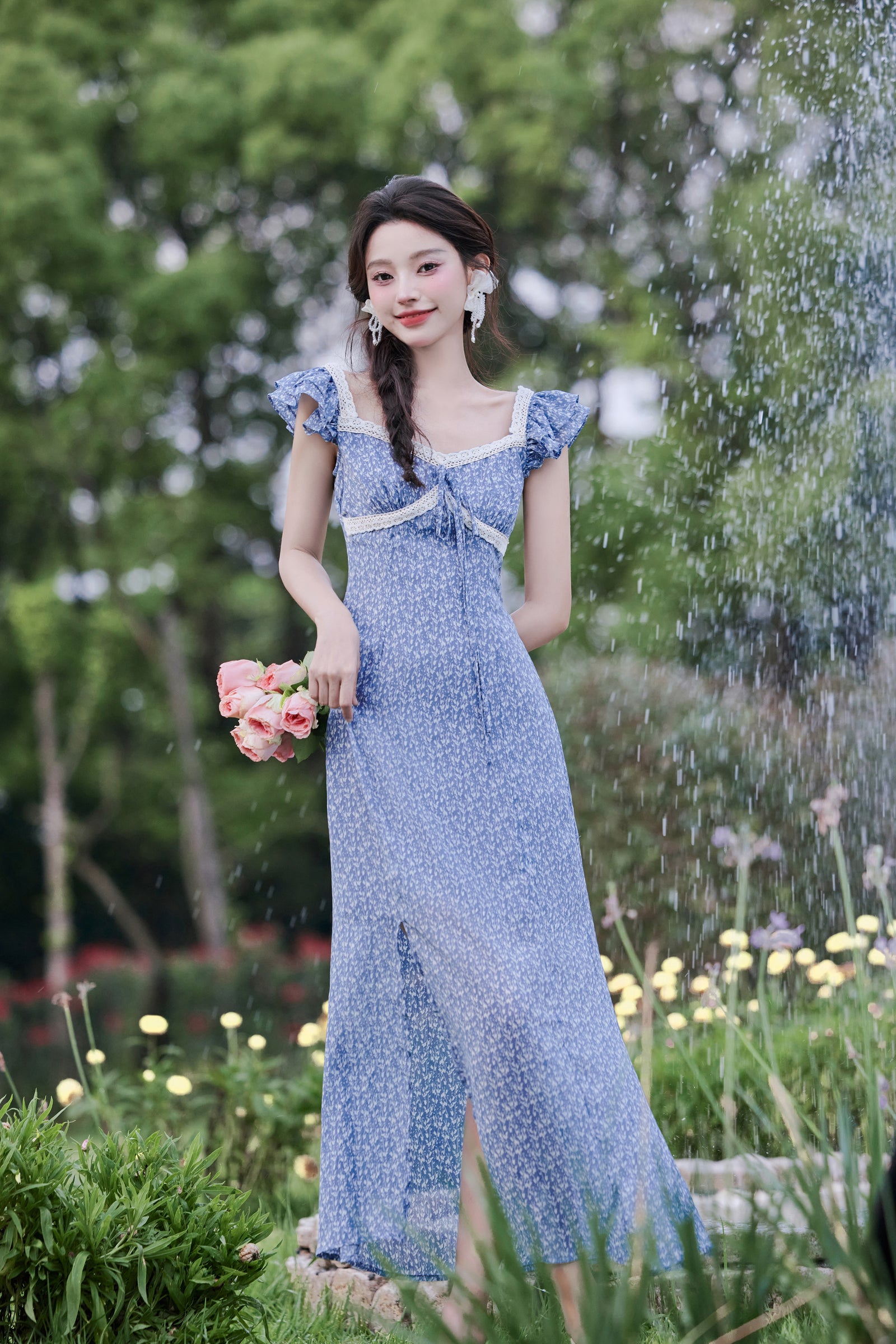 Floral Chiffon Flutter Sleeves Maxi Dress - Masion Chérie