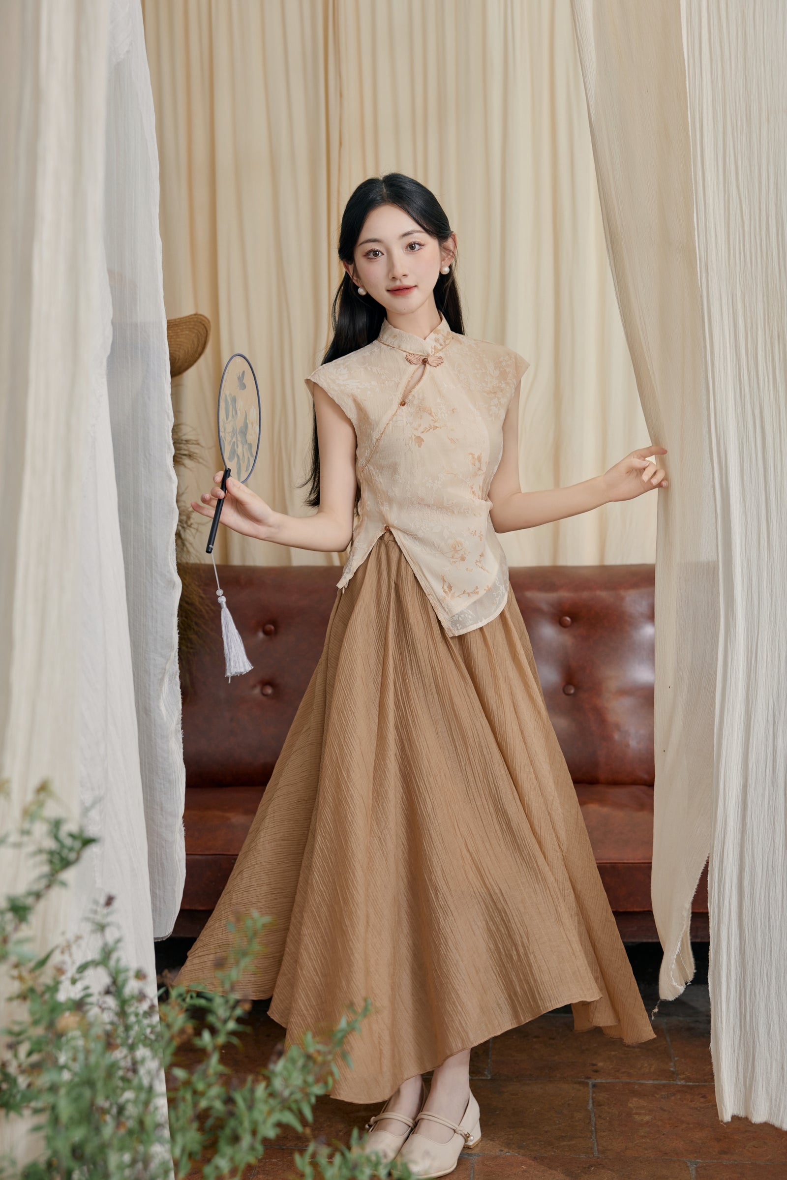 Cheongsam Velvet Top High-Waisted Flared Skirt Two-Piece Set - Masion Chérie