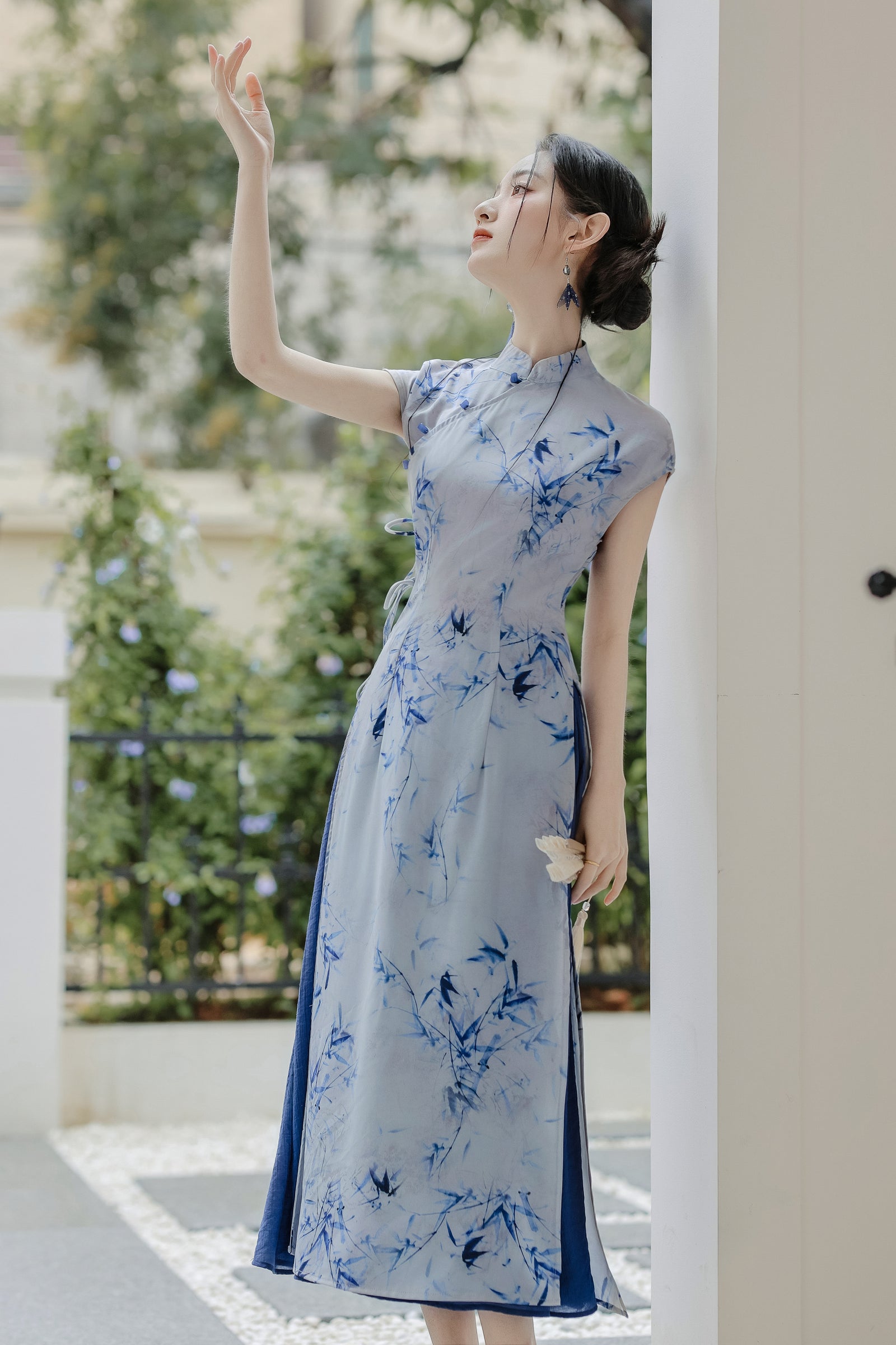 Elegant Blue Bamboo Print Modified Cheongsam Dress Set - Masion Chérie