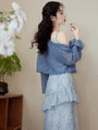 Elegant Blue Floral Lace Tiered Midi Dress with Mohair Knit Cardigan - Masion Chérie