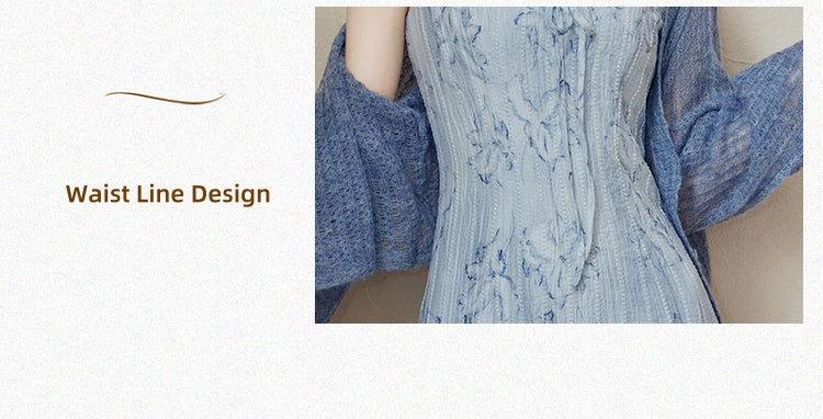 Elegant Blue Floral Lace Tiered Midi Dress with Mohair Knit Cardigan - Masion Chérie