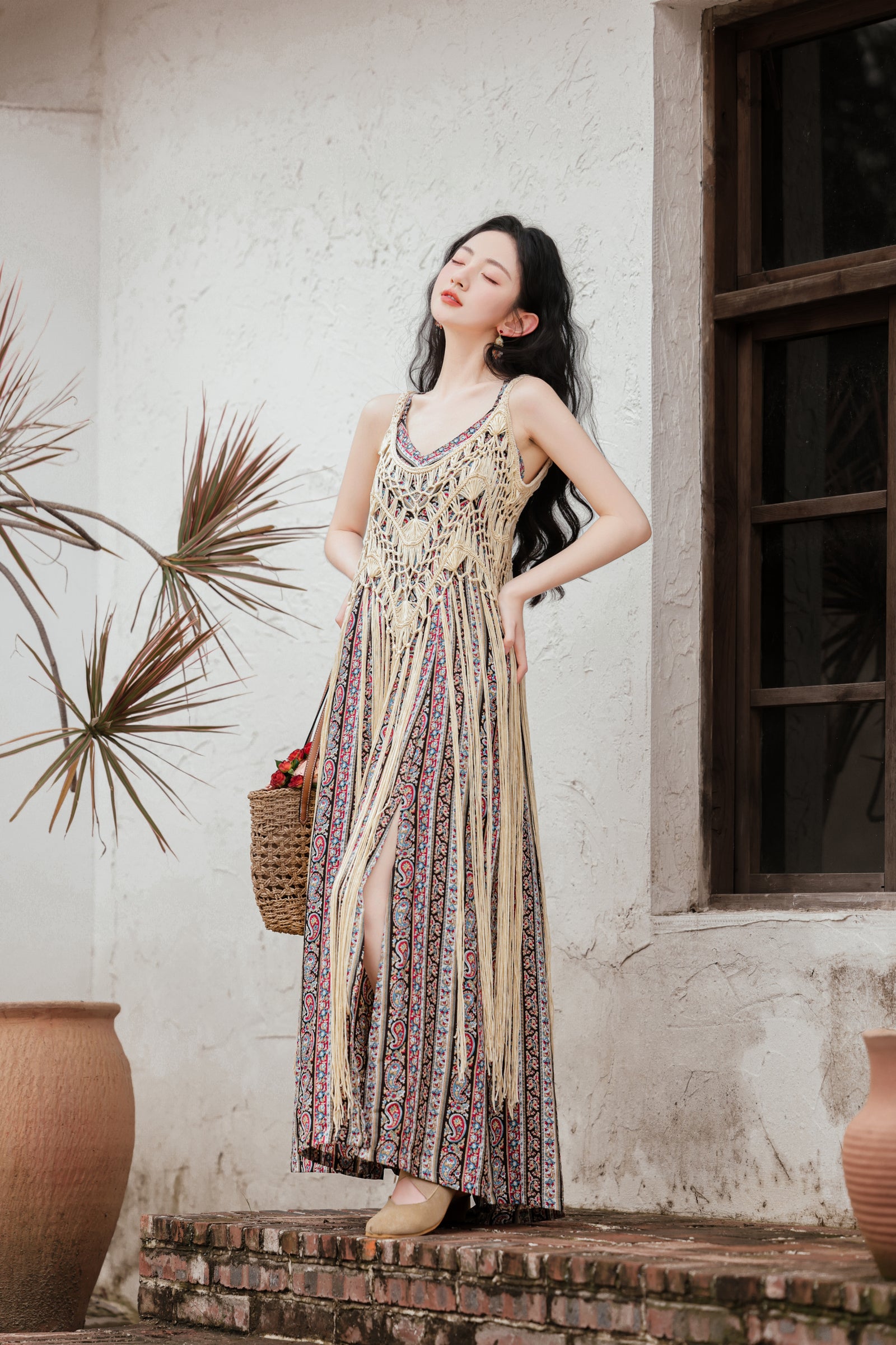 Backless Tie Boho Maxi Dress with Tassel Vest Two-Piece Set - Masion Chérie