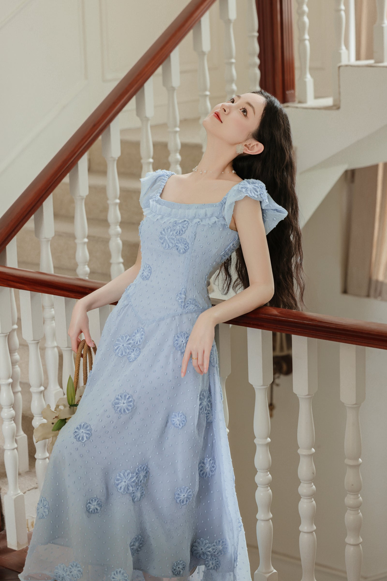 Delicate Blue Floral Embroidered Maxi Dress - Masion Chérie