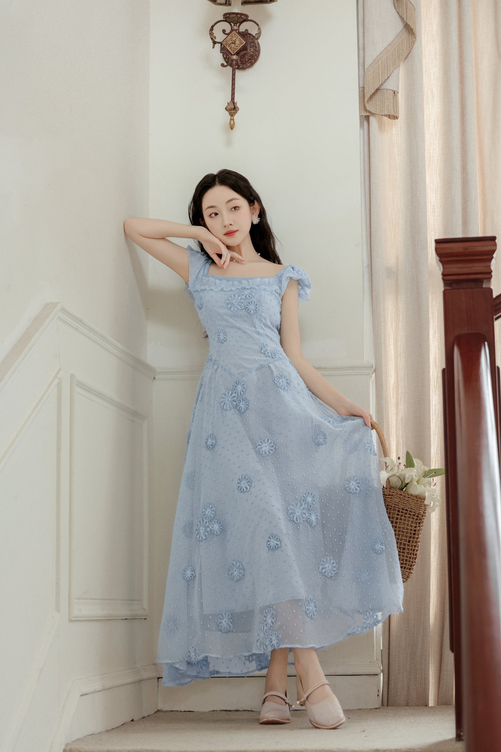 Delicate Blue Floral Embroidered Maxi Dress - Masion Chérie